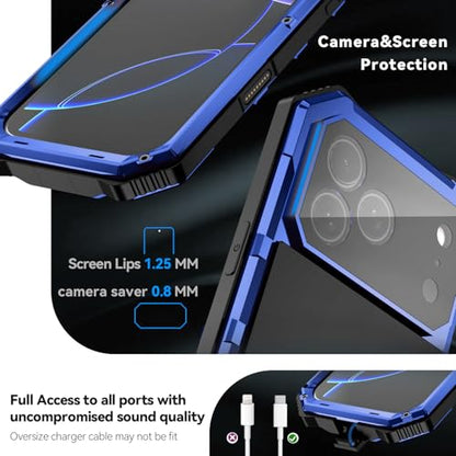 Simicoo Military Metal Heavy Duty Case Compatible with iPhone 17 Pro Max, Drop Protection Rugged Defender Metal Bumper Screws Case with Stand Gorilla Glass Camera Cover Full Body Dustproof Blue - color: Blue, size: iPhone 17 Pro Max