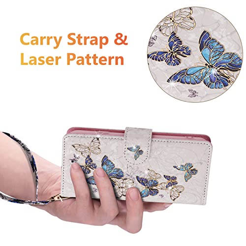 UEEBAI Wallet Case for iPhone 13 Pro Max, PU Leather Phone Cover Kickstand RFID Blocking Flip Case Card Slots Wrist Strap Relief Engraved Pattern Magnetic Closure Flower Folio Wallet, Blue Butterfly - color: Blue Butterfly, size: iPhone 13 Pro Max