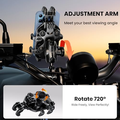 Motorcycle Phone Mount Holder with Vibration Dampener Anti-Shake 720° Adjustable for iPhone 16 Pro Max for Samsung 5.4''-6.9'' Phone Anti-Theft Dirt Bikes(U Shape Base 0.6-1.1" Handlebar) - style: U Shape Base