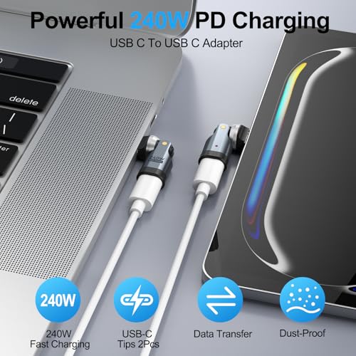 USB C 90 Degree Adapter [2-Pack], 240W PD USBC Right Angle Connector, 360° & 180° Rotatable USB C Extension Adapter for MacBook, iPad, iPhone 17/16/15, Galaxy, Tablet, Laptop