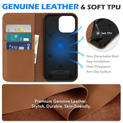 SHIELDON Real Leather Case Wallet for iPhone 16 Pro Max 6.9", Saddle Brown | Flip Magnetic Cover, RFID Blocking, Credit Card Slot, Kickstand, Book Design, Soft Shockproof Phone Shell - color: Saddle Brown
