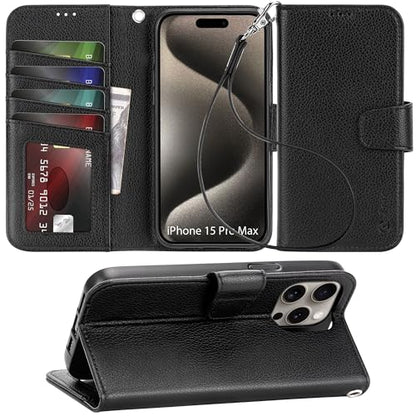 Arae Compatible with iPhone 15 Pro Max Case with Card Holder and Wrist Strap Wallet Flip Cover for iPhone 15 Pro Max 6.7 inch Men RFID Blocking Wristlet Kickstand,Litchi Black - color: Litchi Black, size: iPhone 15 Pro Max 6.7 inch
