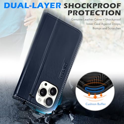 SHIELDON Genuine Leather Wallet Case for iPhone 16 Pro Max, Retro Dark Blue | RFID Blocking, Credit Card Holder, Magnetic Closure, Kickstand, Folio Design, Soft Shock-Absorbent Phone Cover - color: Retro Dark Blue