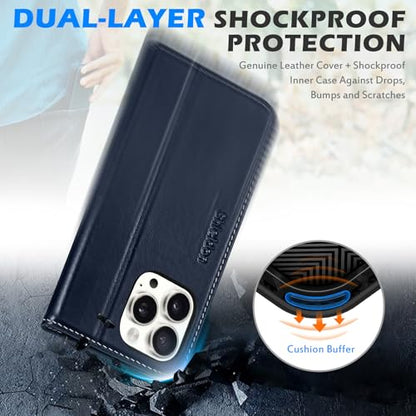 SHIELDON Genuine Leather Wallet Case for iPhone 16 Pro Max, Retro Dark Blue | RFID Blocking, Credit Card Holder, Magnetic Closure, Kickstand, Folio Design, Soft Shock-Absorbent Phone Cover - color: Retro Dark Blue