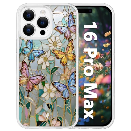 for iPhone 16 Pro Max 6.9" Magnetic Case[Compatible with MagSafe] Aesthetic Vintage Stained Glass Bloom Flower Design, Slim Fit Hard PC Back Shockproof Cute Clear Phone Cover, Butterfly - color: Butterfly Glass Flower, size: iPhone 16 Pro Max