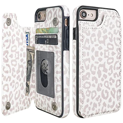 HAOPINSH for iPhone SE(2022) iPhone SE(2020) iPhone 7/8 Wallet Case with Card Holder, White Leopard Cheetah Flip Folio PU Leather Kickstand Card Slots, Double Magnetic Clasp Shockproof 4.7" - color: White Leopard