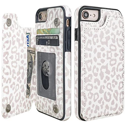 HAOPINSH for iPhone SE(2022) iPhone SE(2020) iPhone 7/8 Wallet Case with Card Holder, White Leopard Cheetah Flip Folio PU Leather Kickstand Card Slots, Double Magnetic Clasp Shockproof 4.7" - color: White Leopard