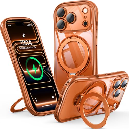 Reukdnv 360° Spin Magnetic Stand for iPhone 17 Pro Case [Full Camera Protection] [Fit for MagSafe] [Anti-Yellowing] Shockproof Protective Kickstand Plating TPU Cover for 17 Pro 6.3", Cosmic Orange - color: Cosmic Orange, size: iPhone 17 Pro