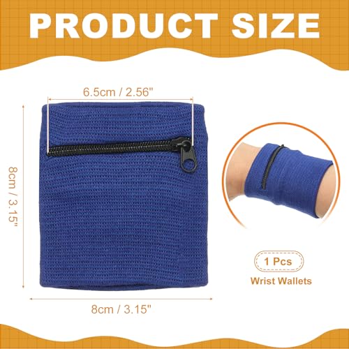 Wrist Wallet Wristband with Zipper, Cotton Wrist SweatBands Sports Absorb Sweat - color: Sapphire Blue