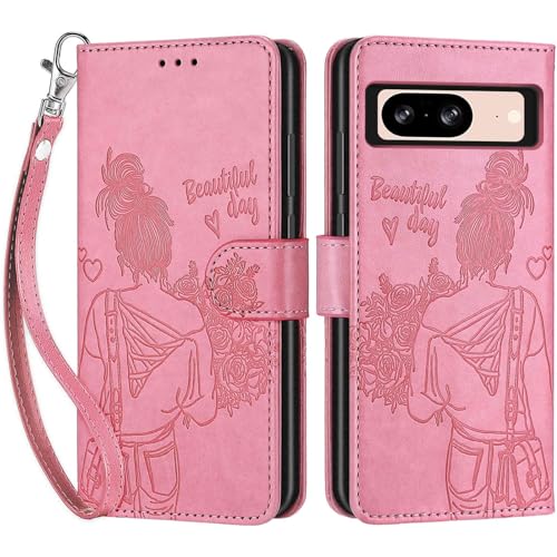 Wallet Case for Google Pixel 8, Pink Girl | Women Flip Folio Cover, Embossed PU Leather, Stand, Credit Card Holders Slots, Wrist Strap - color: 9