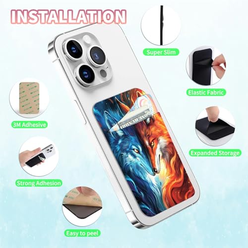Phone Credit Card Holder Stick on, Phone Case Wallet, Cell Phone Pocket Self Adhesive Stretchy Lycra Stick on Wallet ID Credit Card Case Pouch Sleeve for All Smartphones, Red Blue Fox - color: Phone Case Wallet-611