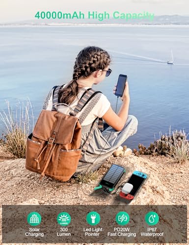 Solar Power Bank 40000mAh PD20W Fast Charging Portable Solar Charger - color: Green