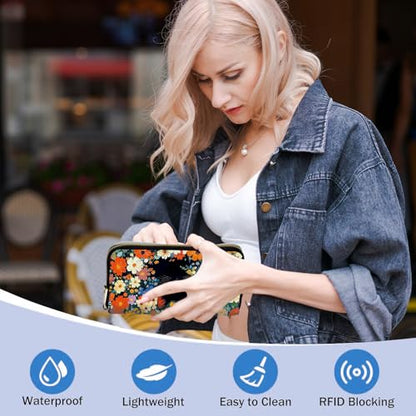 Ladies Wallet,Clutch Purses for Women Wallets Leather Credit Card Holder for Women Wristlet Slim Small Cute with Zipper,Thin RFID Blocking with Wrist Strap,Flower Black Cat - color: Flower Black Cat
