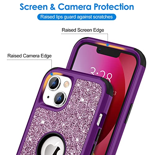 Hython Case for iPhone 13 Case Glitter, Cute Sparkly Shiny Bling Sparkle Cover, Heavy Duty 3 in 1 Hybrid Hard PC Soft TPU Bumper Full Body Shockproof Protective Phone Cases for Women Girls, Purple - color: Purple