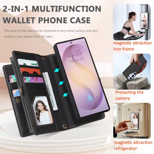 for Samsumg Galaxy S26 Ultra Wallet Case, Detachable Magnetic Phone Case,Faux Leather Strap Wallet,with RFID Blocking,Zipper Card Holder,Shoulder Straps (Black) - color: Black, size: Samsumg Galaxy S26 Ultra