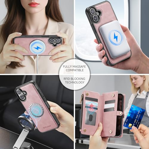 Defencase for iPhone 17 Phone Case Wallet Compatible with Magsafe, Rosepink | Magnetic Detachable, Drop-Proof Protective Wallet Cases Cover, with RFID Bolcking Card Holder, Zipper Strap, Soft PU Leather - color: (Detachable with Magsafe)-Pink
