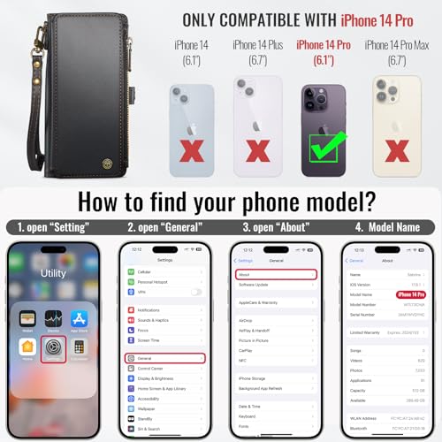 Defencase for iPhone 14 Pro Wallet Case with RFID Card Holder, Black | Durable Soft PU Leather, with Zipper Pocket, Wrist Strap, Fashion Snap Flip Phone Cases Cover with Stand for Women and Men - color: Black
