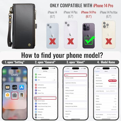 Defencase for iPhone 14 Pro Wallet Case with RFID Card Holder, Black | Durable Soft PU Leather, with Zipper Pocket, Wrist Strap, Fashion Snap Flip Phone Cases Cover with Stand for Women and Men - color: Black