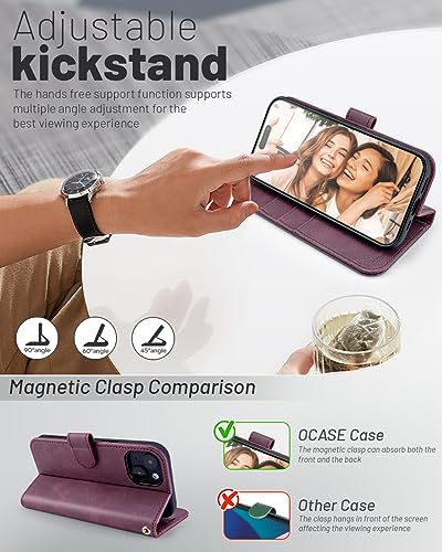OCASE Compatible with iPhone 15 Wallet Case, PU Leather Flip Folio Case with Card Holders RFID Blocking Kickstand [Shockproof TPU Inner Shell] Phone Cover 6.1 Inch 2023, Mulberry - color: Mulberry