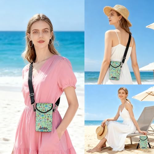 Neoprene Phone Sleeve Pouch Case Bag for Men Women w/Crossbody Strap/Neck Lanyard for iPhone 17/16/15/14 Pro Max, Samsung S25，Pixel 10 - color: Green Flower Cell Phone Sleeves
