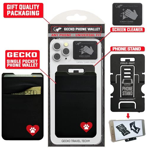 Gecko Travel Tech Double Pocket - Adhesive Card Holder - Cell Phone Pouch - Stick on Spandex Pocket - Carry Credit Cards and Cash - DOG HEART - color: DOG HEART