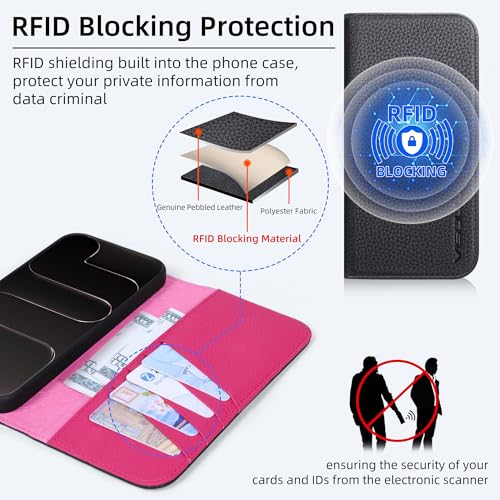 VISOUL Pebbled Leather Wallet Case for iPhone 17 Pro Max 6.9" 2025, Genuine Leather Flip Folio Cover with RFID Blocking Card Holders, Kickstand, Soft TPU Protective Flip Cover -Black+Peach Red - color: Black+Peach Red