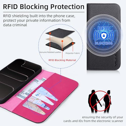 VISOUL Pebbled Leather Wallet Case for iPhone 17 Pro Max 6.9" 2025, Genuine Leather Flip Folio Cover with RFID Blocking Card Holders, Kickstand, Soft TPU Protective Flip Cover -Black+Peach Red - color: Black+Peach Red