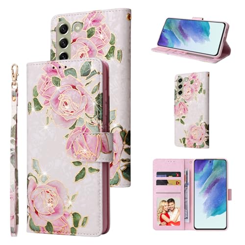 UEEBAI Wallet Case for Samsung Galaxy S22 5G, PU Leather Phone Case Kickstand RFID Blocking Flip Case Card Slots Wrist Strap Relief Engraved Pattern Magnetic Closure Flower Folio Case, White Rose - color: White Rose, size: Samsung Galaxy S22 5G