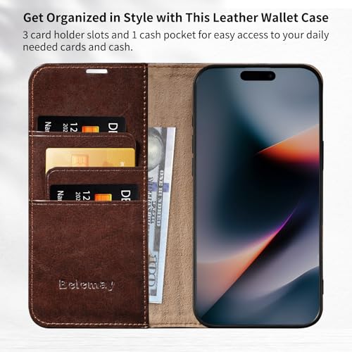 Belemay Leather Wallet Case Compatible with iPhone 17 Pro Max, Premium Cowhide Leather Two-Tone Effect, RFID Blocking Card Holders, Shockproof TPU Shell, Kickstand, Protective Flip Cover, 6.9", Brown - color: Brown, size: iPhone 17 Pro Max