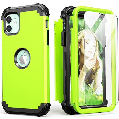 IDweel for iPhone 11 Case with Screen Protector(Tempered Glass), Hybrid 3 in 1 Shockproof Slim Fit Heavy Duty Protection Hard PC Cover Soft Silicone Bumper Full Body Case,Grass Green/Black - color: Grass Green/Black