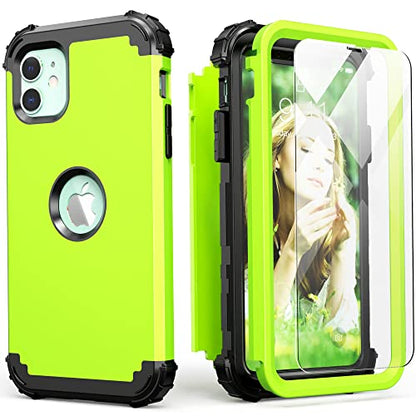 IDweel for iPhone 11 Case with Screen Protector(Tempered Glass), Hybrid 3 in 1 Shockproof Slim Fit Heavy Duty Protection Hard PC Cover Soft Silicone Bumper Full Body Case,Grass Green/Black - color: Grass Green/Black