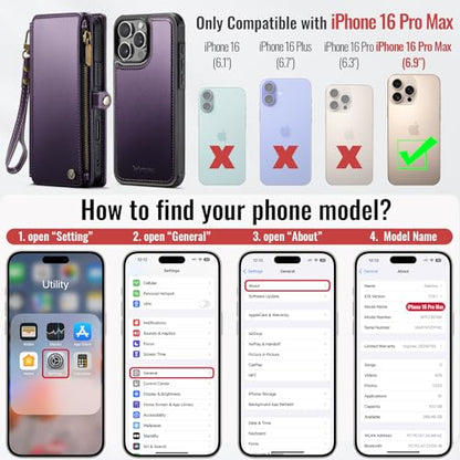 Defencase for iPhone 16 Pro Max Case Wallet Compatible with Magsafe, Purple | Drop-Proof Magnetic Detachable Phone Cases Cover, with RFID Bolcking Card Holder, Zipper Strap, PU Leather, Removable Wallet - color: (Detachable with Magsafe)-Purple