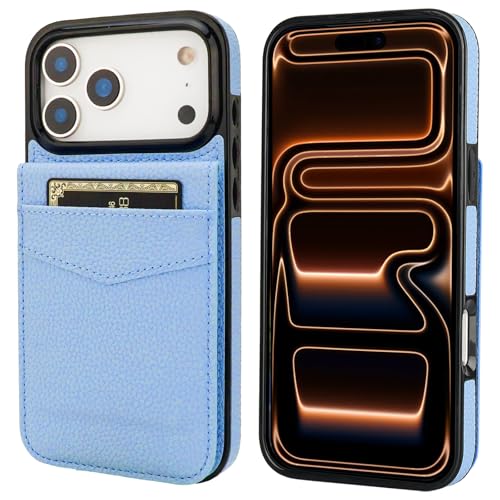 KIHUWEY for iPhone 17 Pro Max Wallet Case Card Holder, Lichee Light Blue | Credit Card Slots, PU Leather, Kickstand, Flip Heavy Duty Protection Cover for Men and Women - color: Lichee Light Blue