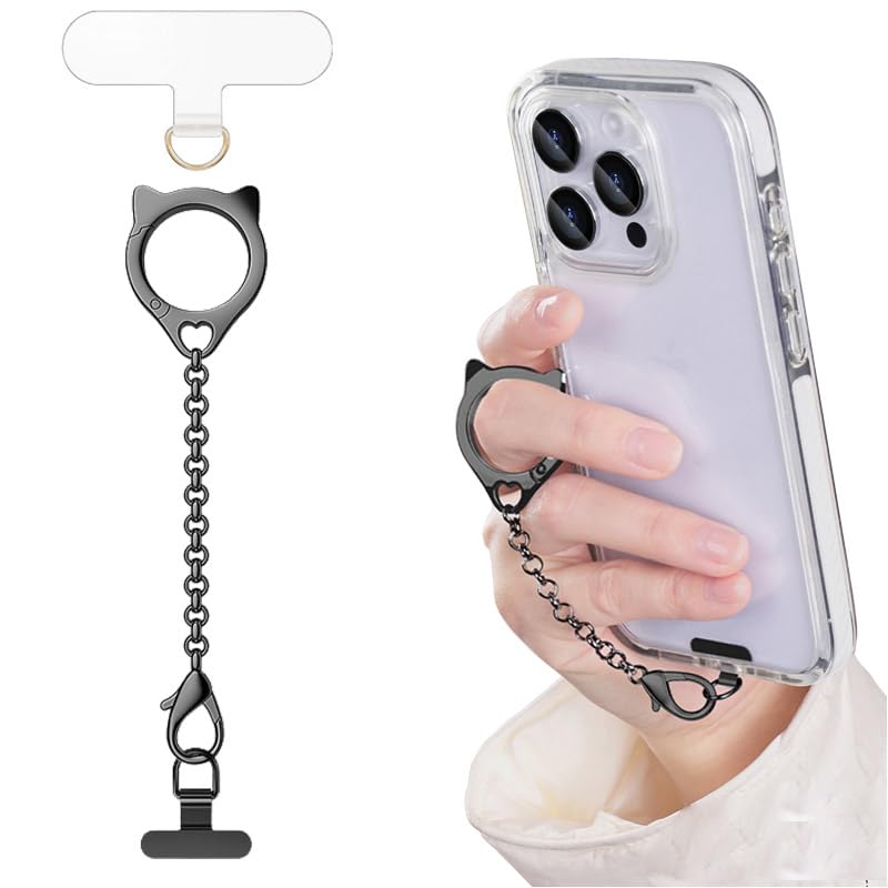 Metal Cat Head Phone Finger Grip Ring Chain Lanyard Keychain Holder Charm - color: Black