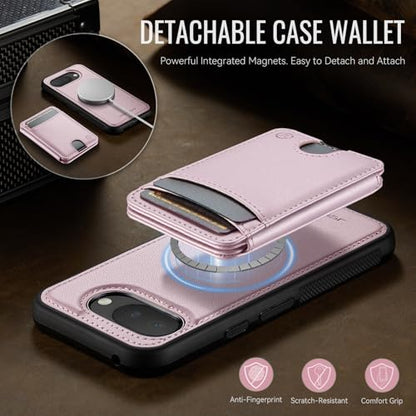 Wallet Case for Google Pixel 10a Compatible with MagSafe for Men Women, 2 in 1 Detachable Magnetic Phone Case with Card Holder Kickstand RFID Blocking for Pixel 10a (Pink) - color: Pink