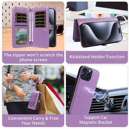 Asuwish Phone Case for iPhone 15 Pro 6.1 inch Zipper Wallet Magnetic Detachable Cell Cover with Tempered Glass Screen Protector Crossbody Strap Flower Card Holder Slot i Phone15 i15 15Pro Women Purple - color: Purple