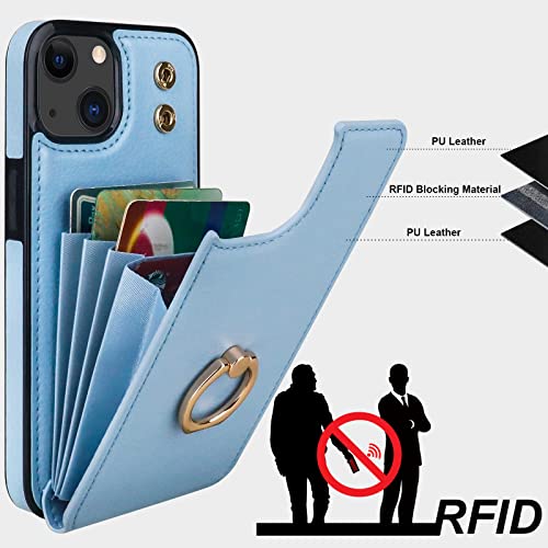 Folosu Compatible with iPhone 14 Case Wallet with Card Holder, 360°Rotation Finger Ring Holder Kickstand, RFID Blocking Leather Protective Double Buttons Shockproof Cover 6.1 Inch Blue - color: Blue, size: iPhone 14