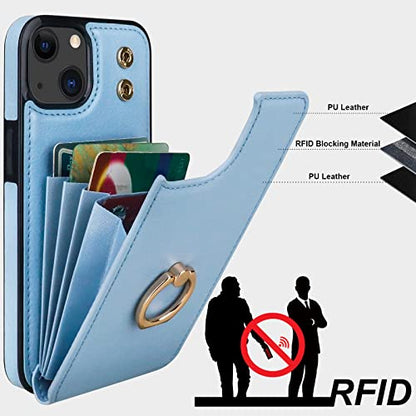 Folosu Compatible with iPhone 14 Case Wallet with Card Holder, 360°Rotation Finger Ring Holder Kickstand, RFID Blocking Leather Protective Double Buttons Shockproof Cover 6.1 Inch Blue - color: Blue, size: iPhone 14