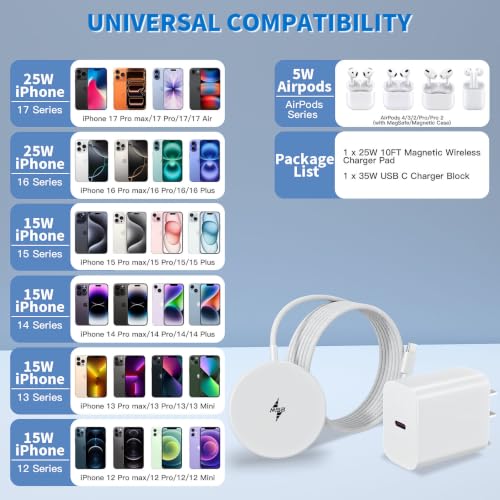 [Apple Certified] Magnetic Wireless Charger, 10FT Long 25W iPhone Magsafe Charger Fast Phone Charging Pad Wireless Magnetic Braid Cable Charge for iPhone 17/17 Pro/17 Pro Max/Air/16 ProMax/15/14/13/12