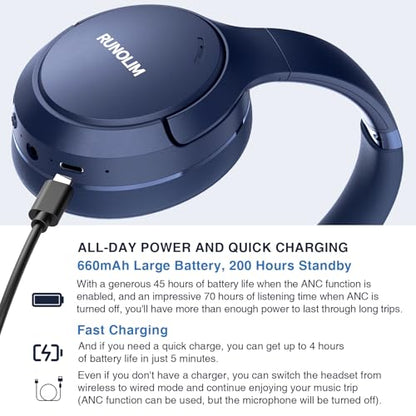 RUNOLIM Active Noise Cancelling Headphones, Wireless Bluetooth Over Ear (Blue) - color: Blue