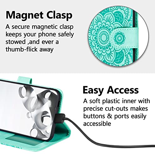 EYZUTAK Case for iPhone 13 Pro, Premium PU Leather Magnetic Flip Wallet Case with Card Holder Cash Slot Lanyard Strap Kickstand Function Embossed Mandala Flower Pattern Shockproof Cover - Green - color: Green, size: iPhone 13 Pro