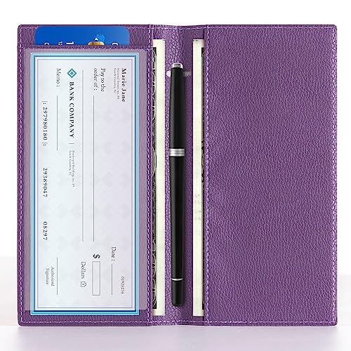 CoBak Checkbook Cover for Women & Men - PU Leather Case with RFID Blocking | Classic Design Check Book Holder for Personal and Business - color: Purple