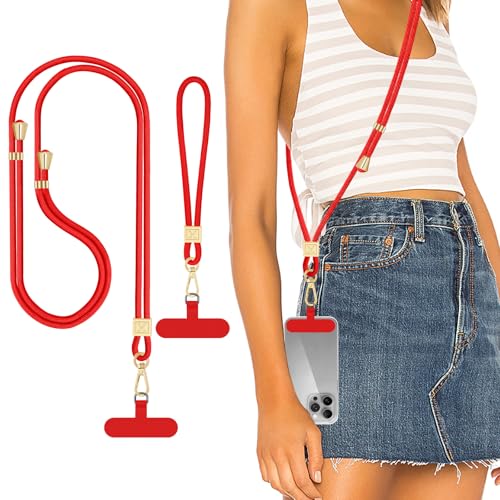 Hovmwey Phone Lanyard Crossbody, Hand Wrist Strap Lanyard with 2 Phone Tethers, Adjustable Anti Theft Phone Strap Neck Lanyard for Keys ID Badges Phones Wallet, Red - color: Red