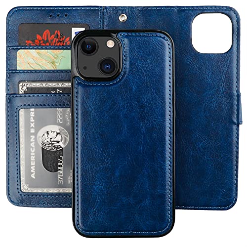 Bocasal Detachable Wallet Case Card Holder for iPhone 13, Blue | RFID Blocking Kickstand Card Slots Holder PU Leather Magnetic Shockproof Wrist Strap Removable Flip Protective Cover 6.1 inch - color: Blue