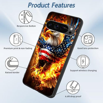 for Google Pixel 9 Pro XL Phone Case, TPU Shockproof Full Body Protection 6.8" American Flag Eagle Cover for Pixel 9 Pro XL, Lightweight Compatible Wireless Charging, Screen Protector Film - color: American Flag Eagle