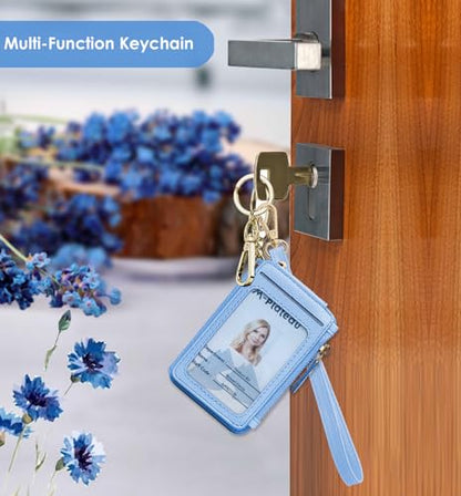 M-Plateau RFID Blocking Keychain Wallet With Leather Wrist Strap | Keychain Wristlet, Womens Card Holder with Zipper Coin Pocket and ID Window - color: Sky Blue