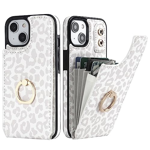 HAOPINSH for iPhone 13/ iPhone 14 Wallet Case with Card Holder, 360°Rotation Ring Kickstand, White Leopard Cheetah Pattern, RFID Blocking Leather for Girls Women, Double Buttons Flip 6.1" - color: White Leopard