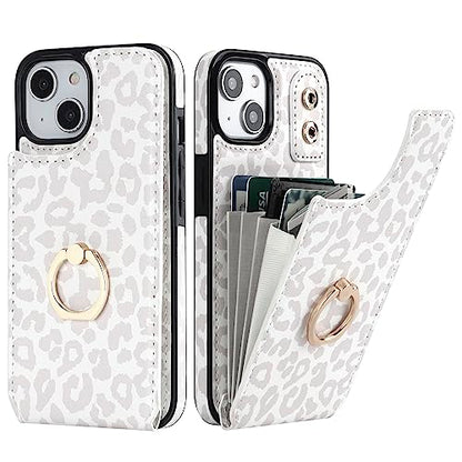 HAOPINSH for iPhone 13/ iPhone 14 Wallet Case with Card Holder, 360°Rotation Ring Kickstand, White Leopard Cheetah Pattern, RFID Blocking Leather for Girls Women, Double Buttons Flip 6.1" - color: White Leopard