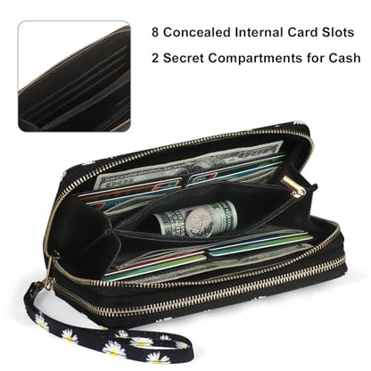 RFID Blocking Cellphone Wallet for Women with Wrist Strap, Double Zipper Travel Clutch Purse Large Capacity, Daisy - color: Black Daisy