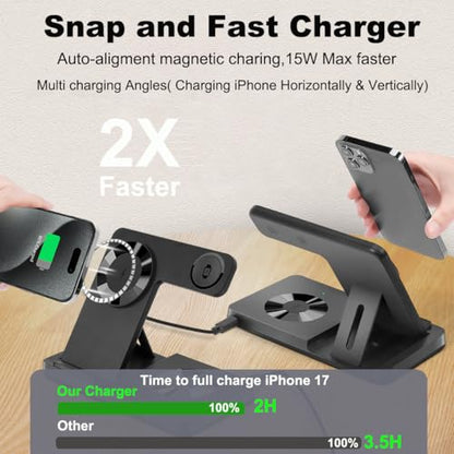 Magnetic 3 in 1 Wireless Charging Station for iPhone 12-17 Series, Charging Station for Multiple Devices, Mag Safe Wireless Charger Stand for Apple Watch Series/Ultra/SE & AirPods 4/3/2/Pro